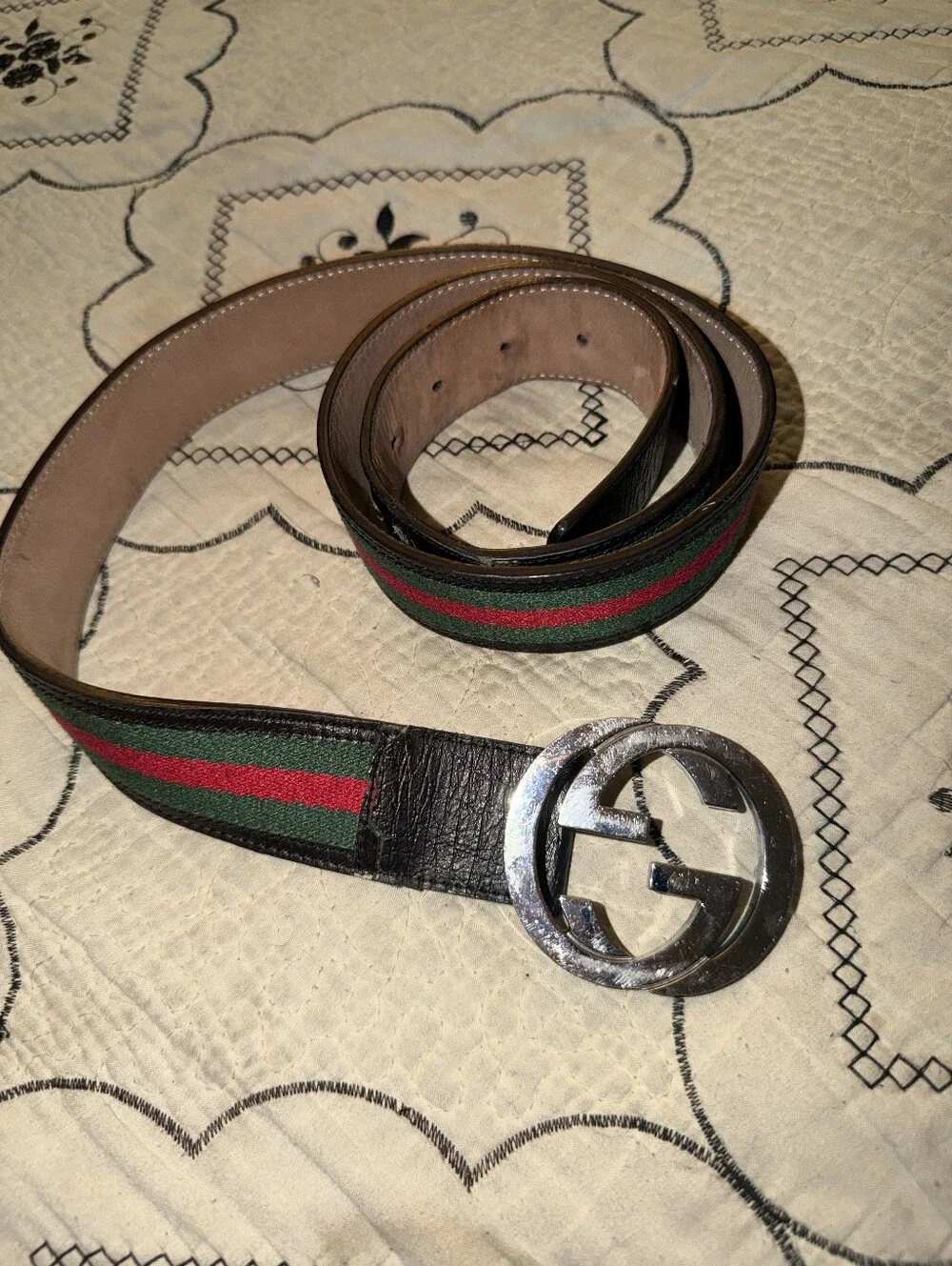 Gucci Green & Red Web Leather Belt with Silver GG Buckle